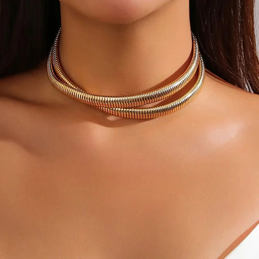 sengpan Vintage Metal Cross Striped Double Layer Choker Necklace Women Punk Gold Color Thick Collar Necklaces Party Jewelry