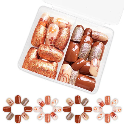 sengpan 48pcs/set Cute Ghost & Pumpkin Halloween Press-On Nails-Glossy Short Square Festive Designs Fake Nails for Women and Girls Wear