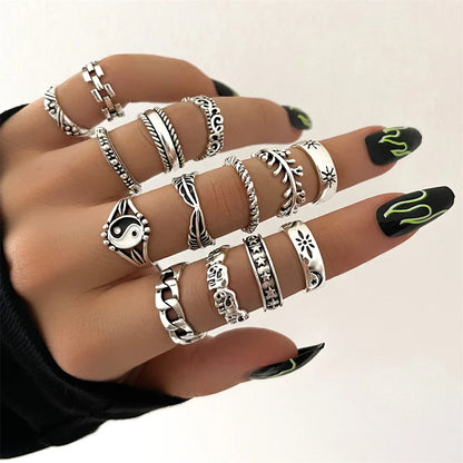 sengpan 21pcs/set Punk Gothic Butterfly Snake Heart Rings Set For Women Men Vintage Silver Plated Geometric Finger Rings Party Jewelry