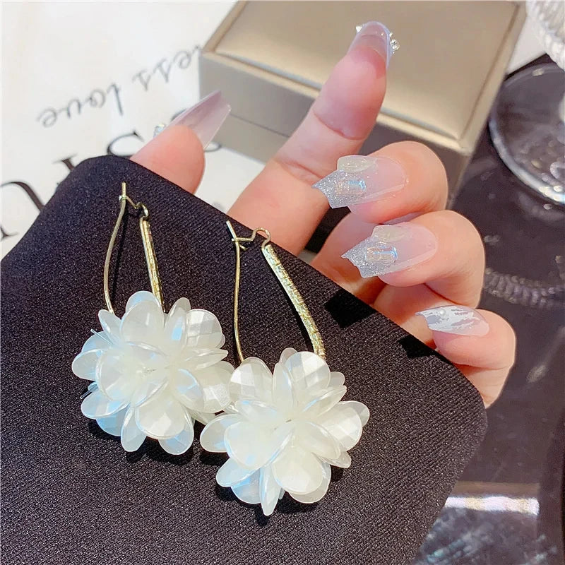 sengpan Summer Long Flower Earrings Hand-made Pearl Beaded Korean Fashion Shiny Earrings Sweet Jewelry Gifts