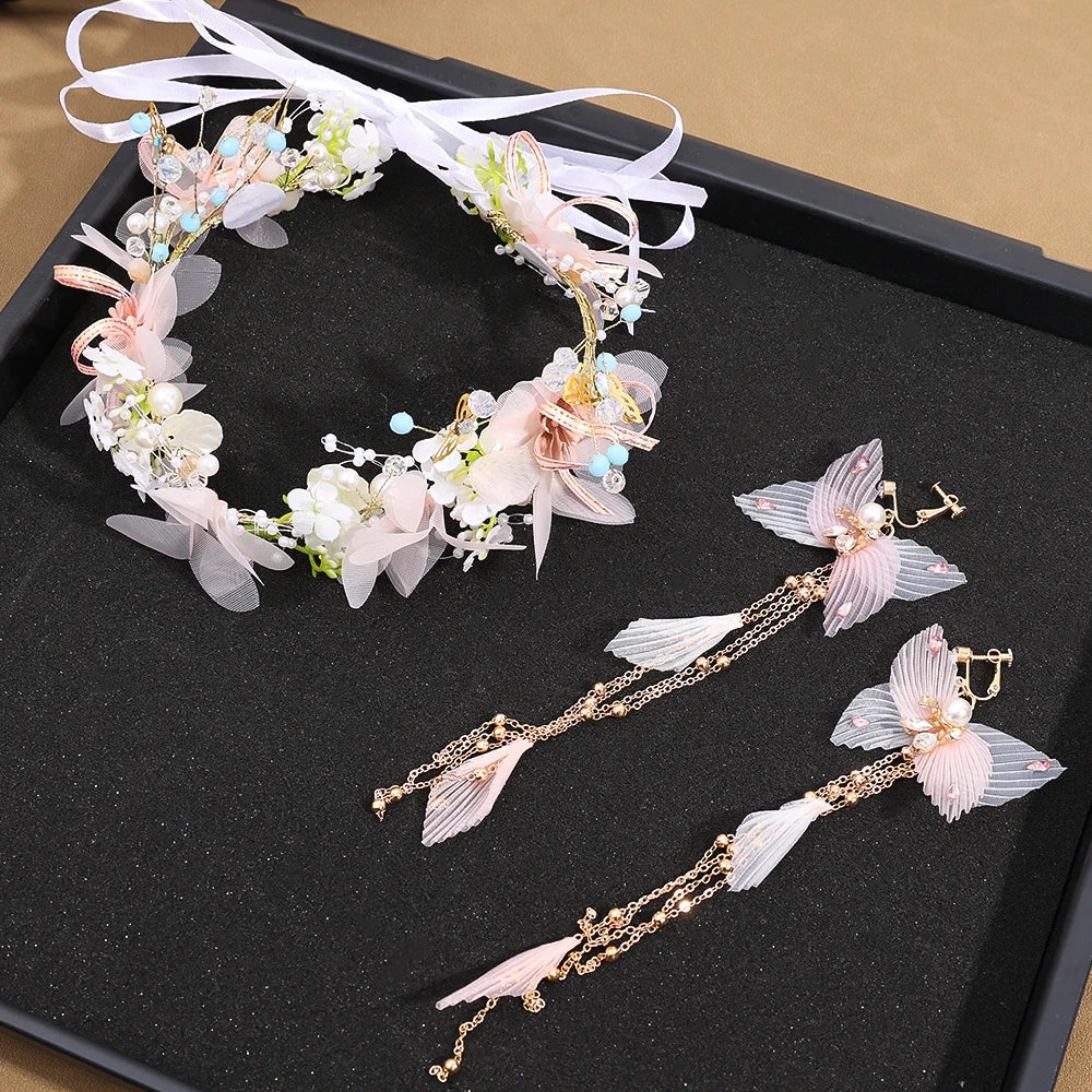 sengpan Pearl Crowns Earrings Set French Fairy Spring Bohemian Bride Floral Garland Romantic Faux Rose Wedding Wreaths Flower Headband