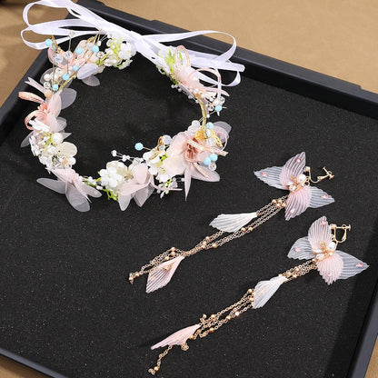 sengpan Pearl Crowns Earrings Set French Fairy Spring Bohemian Bride Floral Garland Romantic Faux Rose Wedding Wreaths Flower Headband