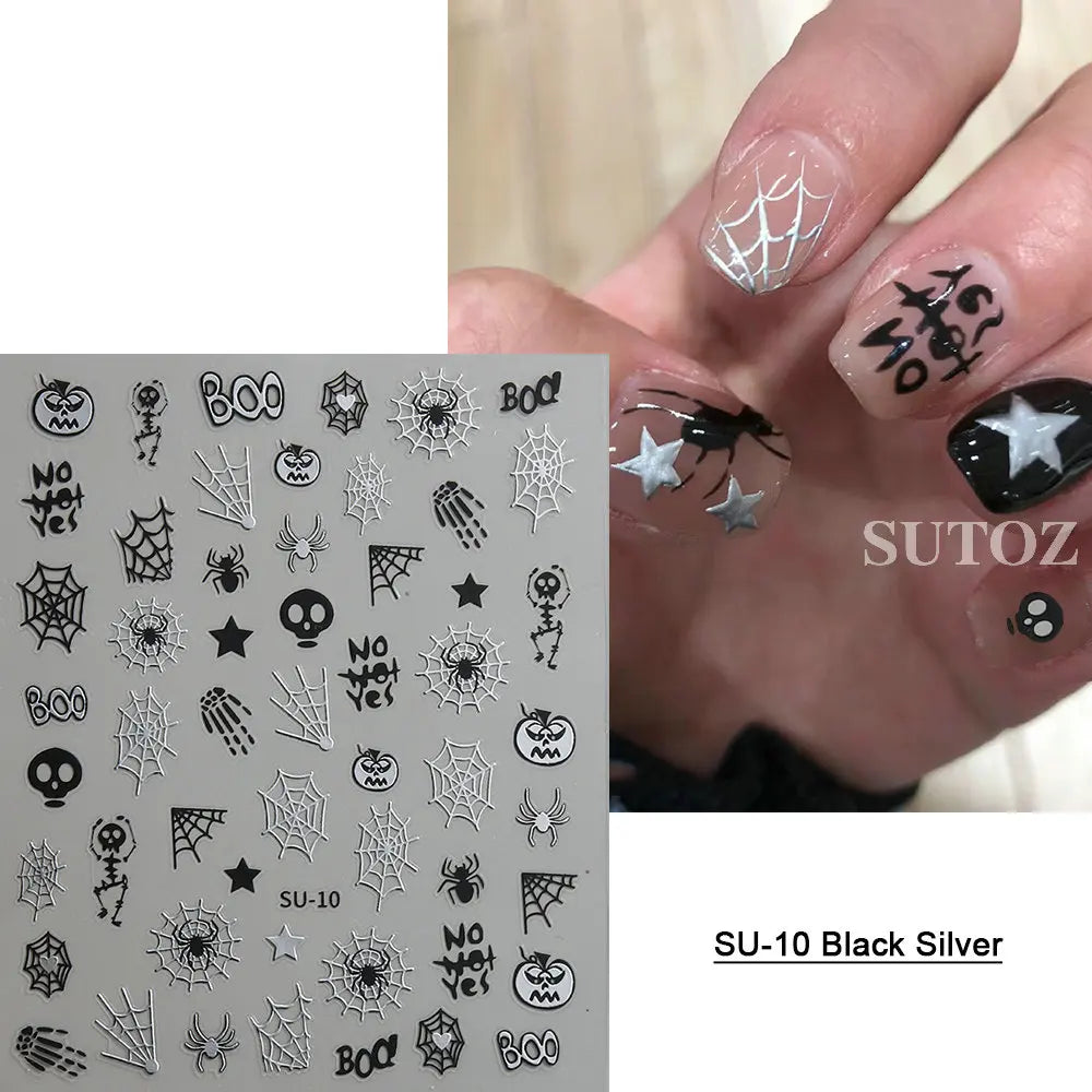 sengpan Spider Nail Sticker Halloween Decoration Snake Skull Design Evil Pumpkin Bat Nail Slider Witch Star Charm Manicure Decal LEBSO10