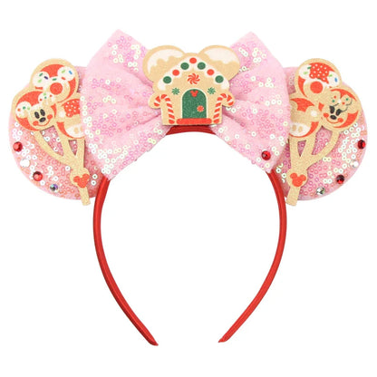 sengpan New Disney Christmas Mouse Ears Headband Santa Antler Sequins Bow Hairband For Women Featival Party DIY Hair Accessories Gift