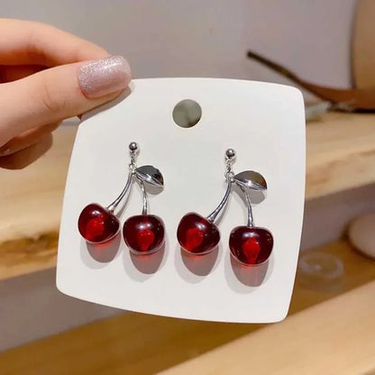 sengpan New Sweet Summer Red Transparent Cherry Fruit Fashion Long Ear Nail Earrings Fashion Black Anime Earring for Women Party Jewelry