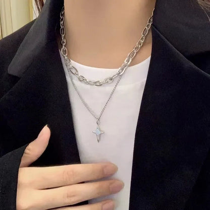 Lianfudai New Design Double Layer Link Chain Cross Star Necklace for Women Man Teens Trendy Punk Hip hop Stainless Steel Choker