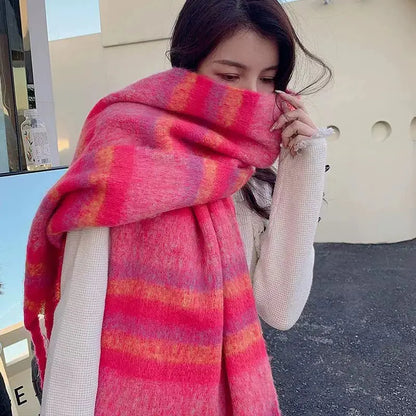 sengpan Retro Imitation Cashmere Scarf Winter Women Fashion Green Mohair Striped Scarves Korean Classic Thicken Warm Soft Shawl