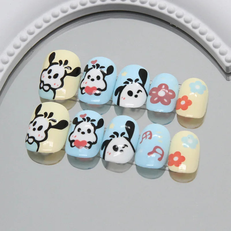 sengpan Cartoon Nails Set Press on Pink Rabbit False Nails for Children Puppy Acrylic Cute Anime Nails Short Stick-on Nail Tips