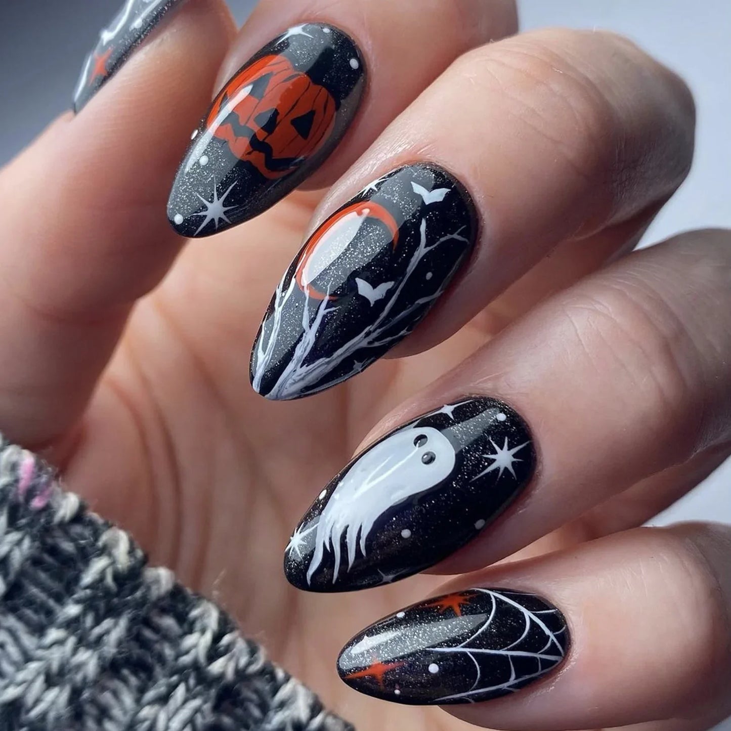 sengpan 24pcs Dark Black Fake Nails Halloween Theme False Nail Patches Orange Flower Ghost Printed Press On Nails Detachable Manicure