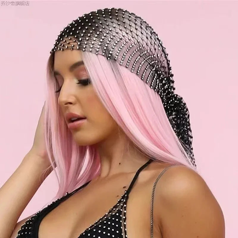 sengpan New Fashion Women Bling Rhinestone Bandanas Turban Hat Headband Crystal Mesh Cap Hair Snood Nets Headpiece Headwear Accessorie