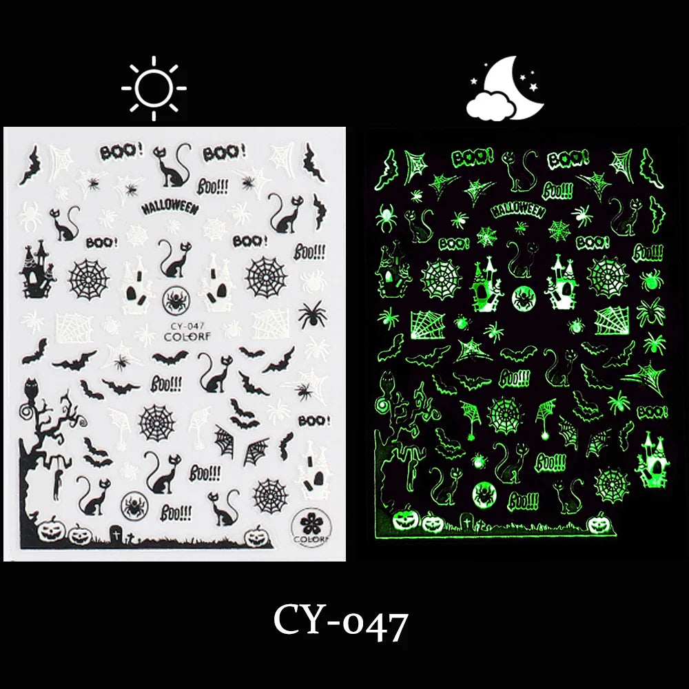 sengpan Luminous Nail Stickers Glow In Dark Halloween Nail Art Decoration Cartoon Skull Ghost Sliders Bones Spider Decal Tattoo GLYB-018