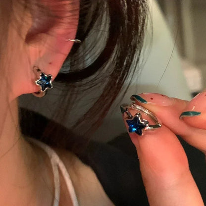 sengpan Blue Rhinestone Star Pentagram Hoop Earrings for Women Hot Girls Crystal Ear Bone Nail Piercing Earring Y2K Fashion Jewelry Gift