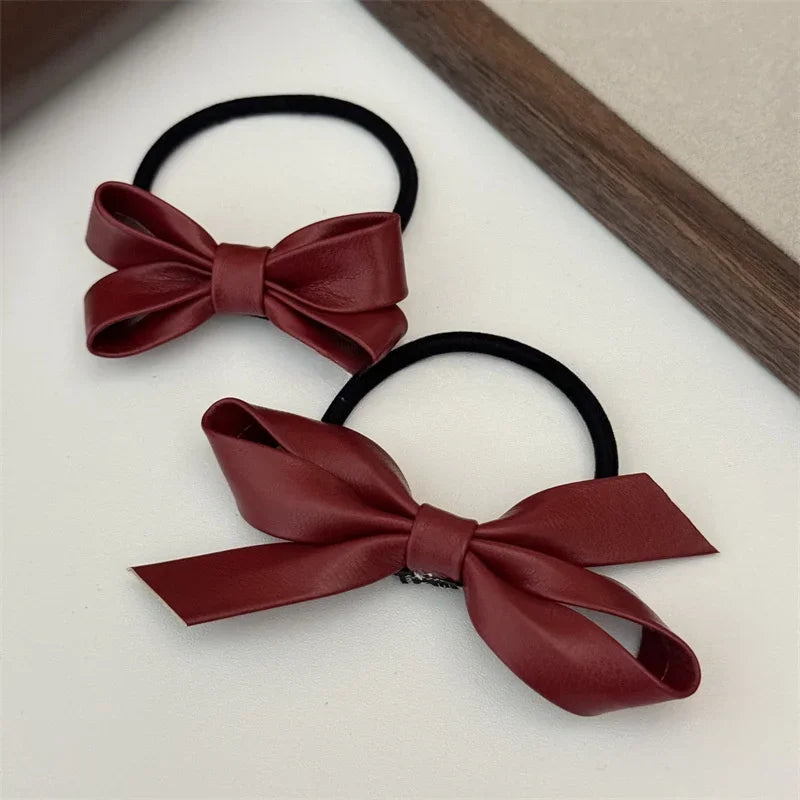 sengpan New Autumnand Winter Chrismas Decor Fashionable Ankorra Red PU Leather Butterfly Hair Tie Hair Clip Red Hair Accessories BowKnot