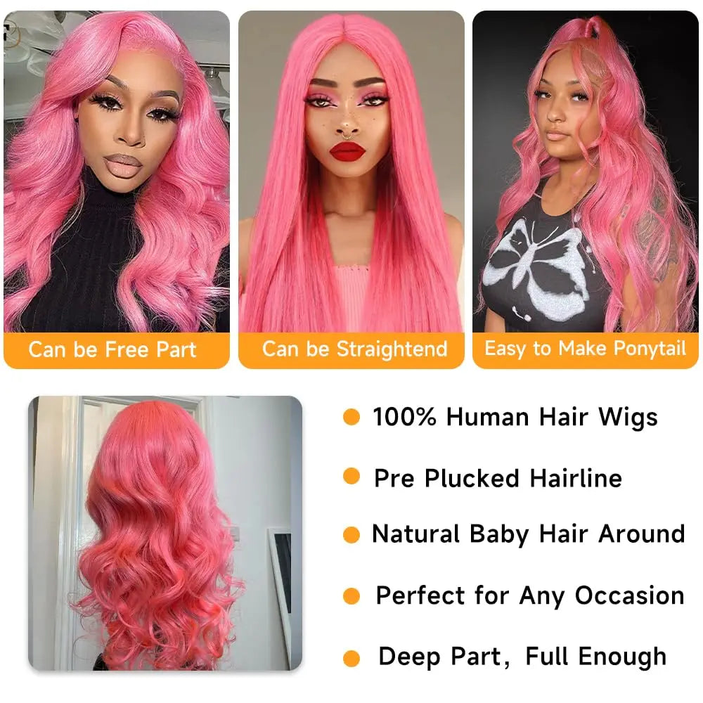 sengpan Pink Body Wave Lace Front Wig Human Hair Blonde Brazilian Human Hair Wigs Colored 180% Density Human Hair Wigs For Women