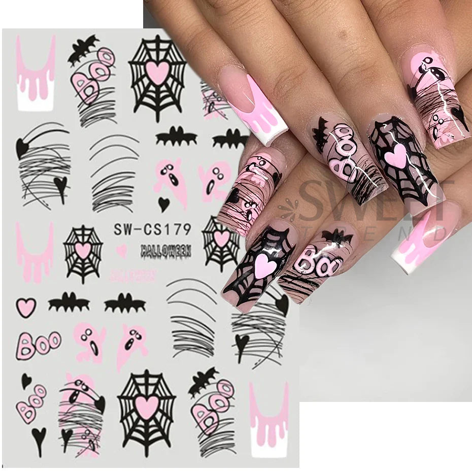 sengpan Pink Pumpkin Halloween Nail Stickers Ghost Star Mummy Love Heart Spider Web Scorpion Blood Drops DIY Winter Manicure Decoration