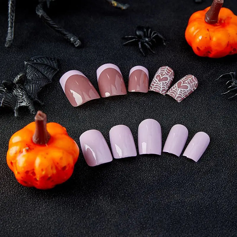 sengpan Pink Spider Web Heart Nail Art Halloween Elements Square Fake Nail Tips Full Cover Finished False Nail Press on Nail Glue Woman