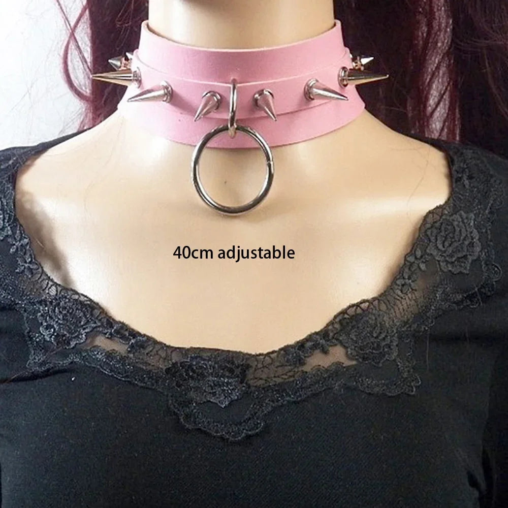 sengpan Pink Sexy Trendy Rock Gothic Collar Necklaces Jewelry Gothic Leather Heart Rivets Harajuku Punk Choker Necklace for Women Gift