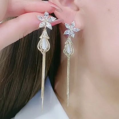 sengpan Luxury Crystal Flower Tassel Drop Earrings for Women Shiny Zircon Opal Long Dangle Earrings Girls Party Wedding Jewelry Gift