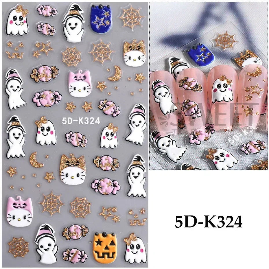 sengpan 5D Halloween Ghost Pumpkin Embossed Nail Stickers Decals Spider Web Clown Bone Nail Art Gel Sliders Design Manicure Decorations