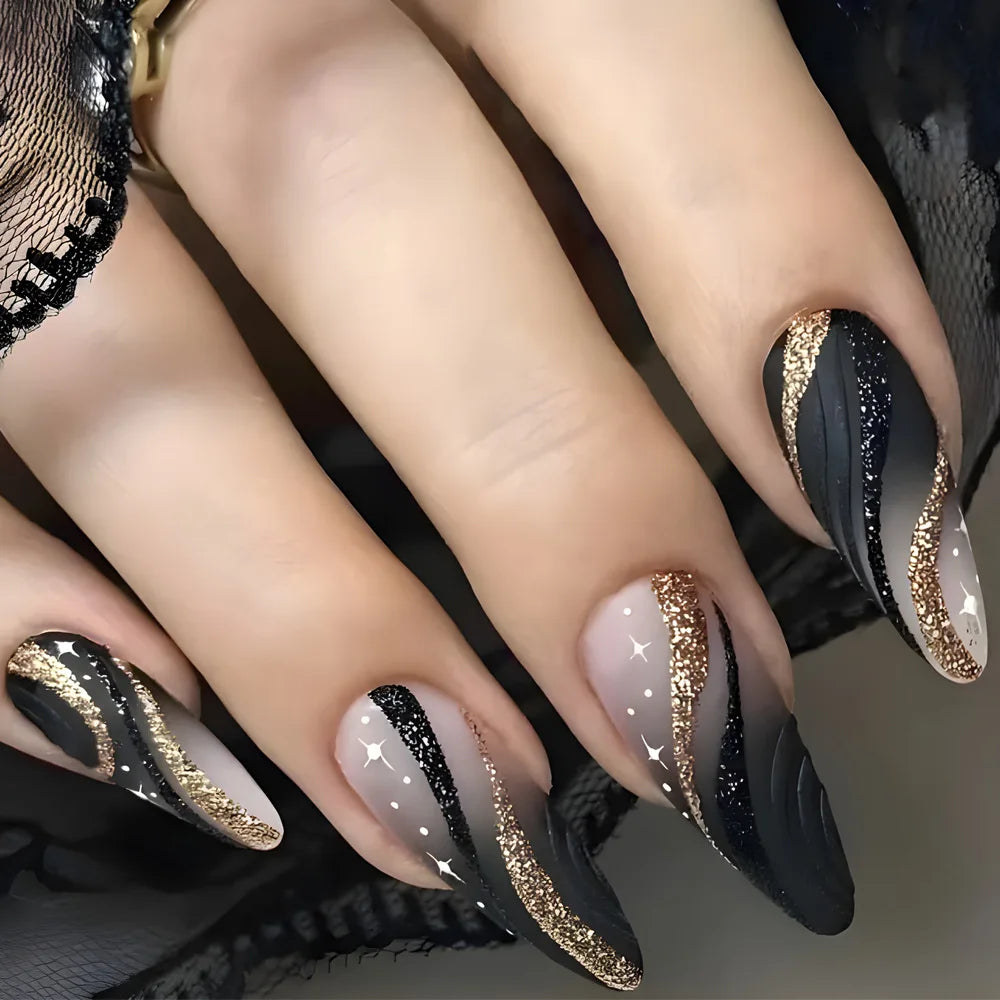 sengpan 24Pcs Black Y2k Fake Nails with Diamond Halloween Long Almond False Nail Butterfly Design Wearable Oval Press on Nails Tips