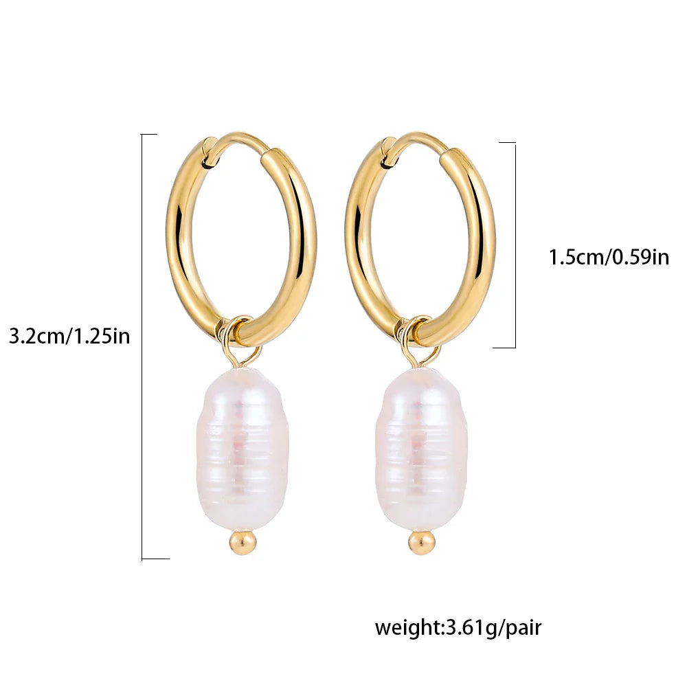 sengpan Eardrop Pearl Small Hoop Earrings for Women Gold Color Stainless Steel Circle Huggies Hoops Ear Buckle Jewelry