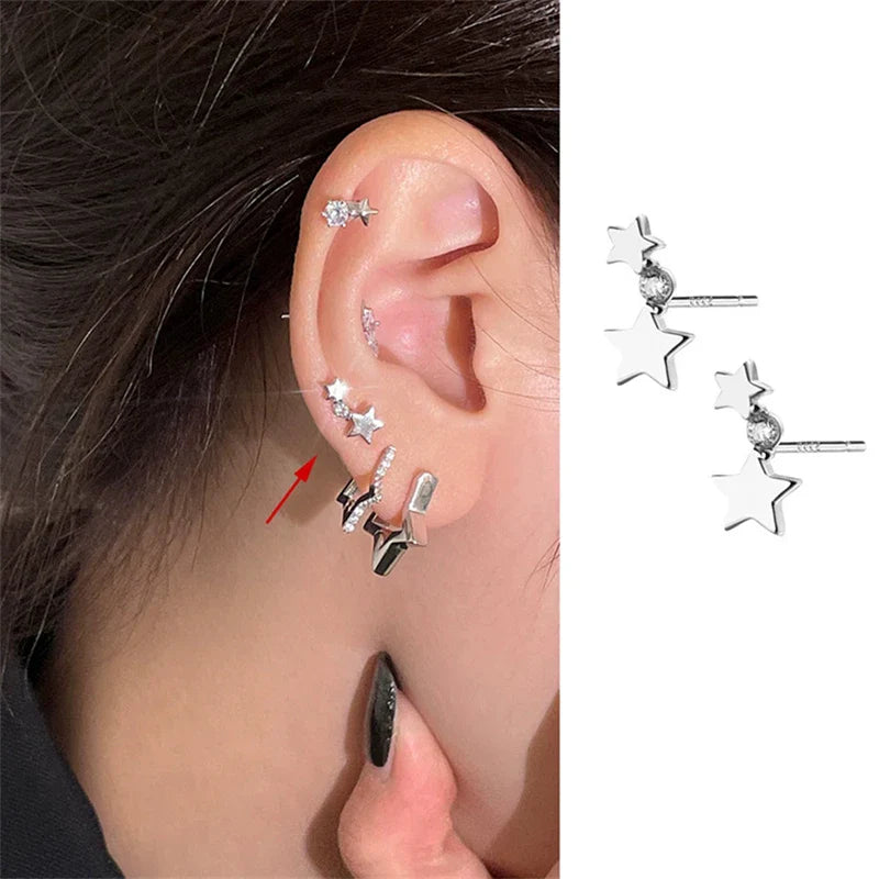 sengpan New Trendy Star Zirconi Screw Back Stud Earrings for Women Girls Stainless Steel Punk Gothic Cartilage Helix Ear Piercing