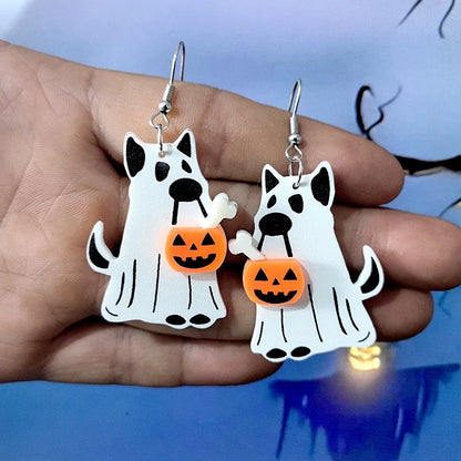 Lianfudai 2024 New Ghost Lamp Halloween Earrings Women Hallowmas Pumpkin Ice Cream Cone Black Cat No Feet Specter Acrylic Drop Earring