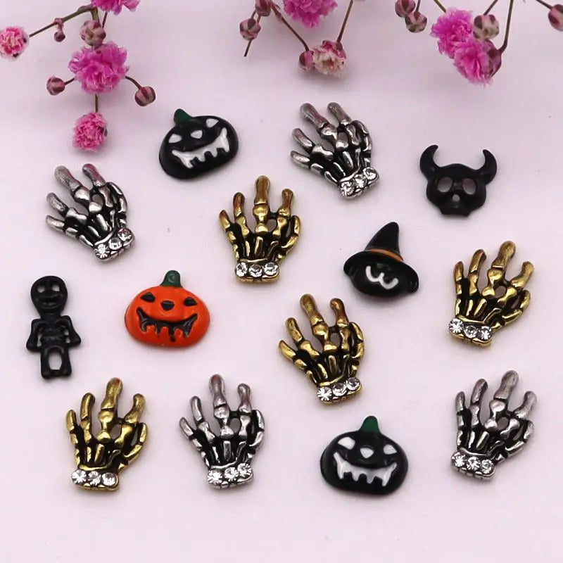 sengpan 10pcs/Pack Metal Halloween Collection Nail Art Decorations Pumpkin Skeleton Spider Skull Shiny Rhinestone Charm Nail Accessories