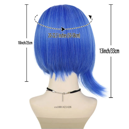 sengpan Synthetic Hair Short Sadness Wig Cosplay Straight Blue Wig for Kid with Glasses Inside Out Costume Halloween Fake Wigs for Women