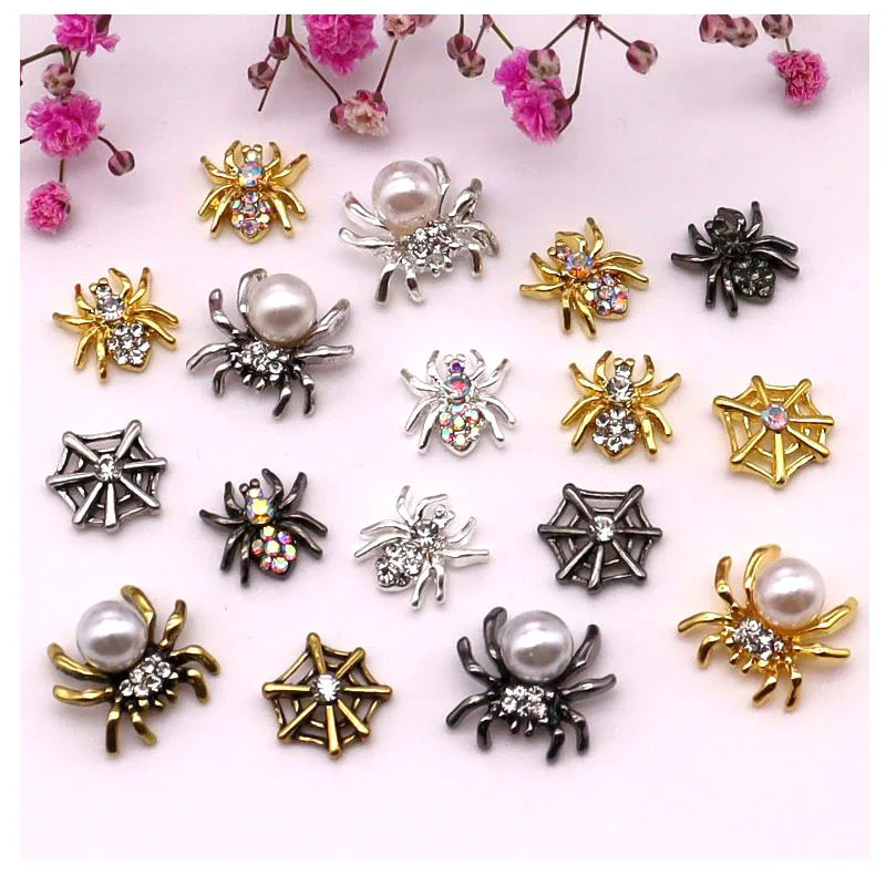 sengpan 10pcs/Pack Metal Halloween Collection Nail Art Decorations Pumpkin Skeleton Spider Skull Shiny Rhinestone Charm Nail Accessories