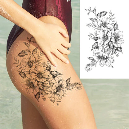 sengpan Death Skull Flower Temporary Tattoo For Women Girls Snake Bird Peony Tattoo Sticker Black Fake Blossom Sexy Tatoo Transfer Adult