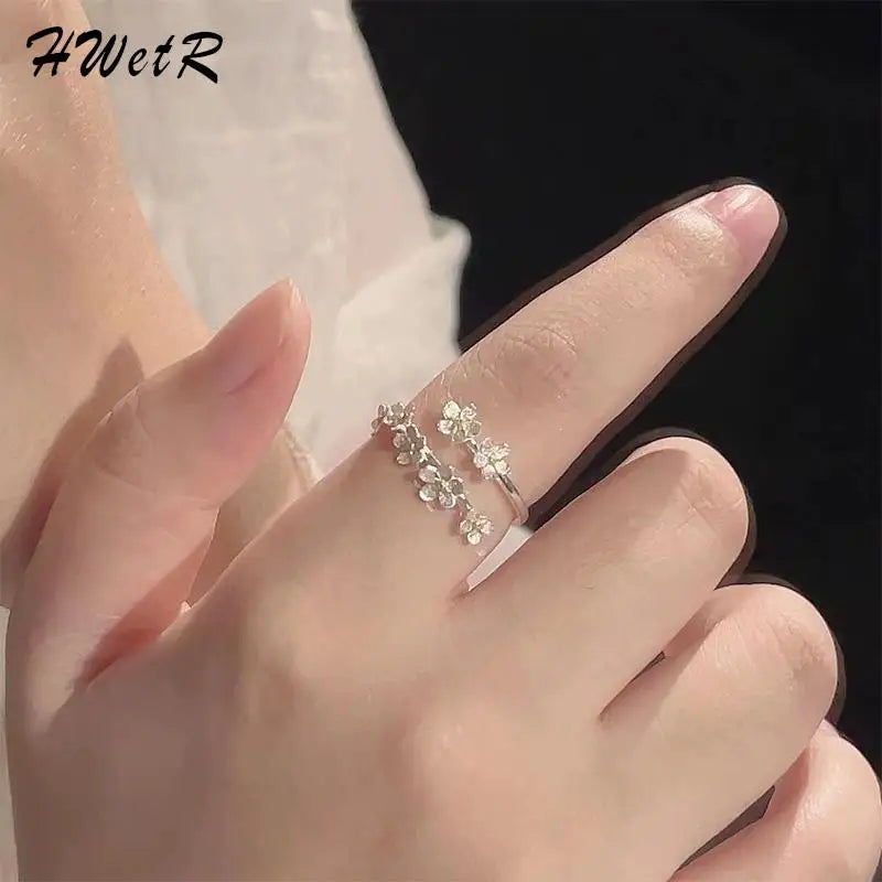 sengpan Unique Delicate Flower Opening Adjustable Rings For Women Silver Color Minimalist Finger Ring Engagement Jewelry Female Gift