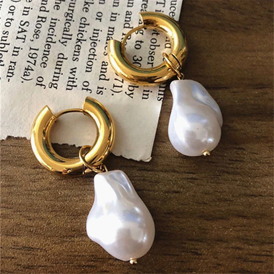 sengpan Stainless Steel Ear Clips Vintage Imitation Baroque Pearl Dangle Earrings Women Jewelry, Party Gift, Fashion