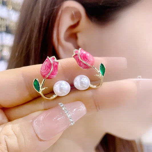 sengpan Sweet Fashion Enamel Pearl Tulip Flower Stud Earrings For Women Korean Temperament Zircon Back Hanging Earring Wedding Jewelry