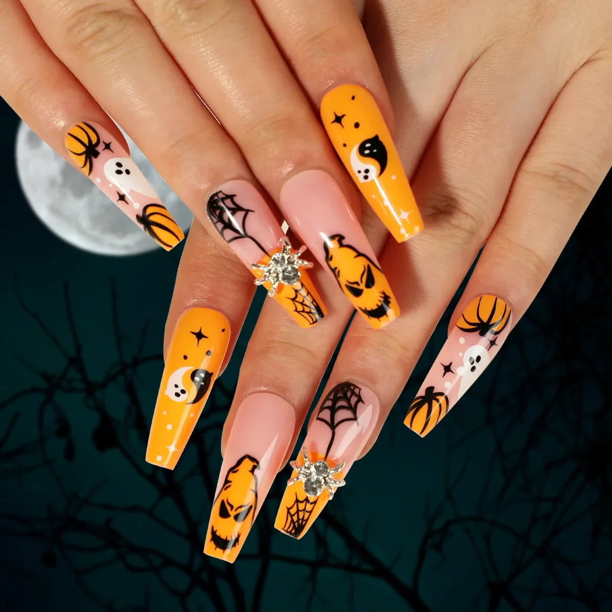 sengpan 24P/Set Halloween Fake Nails Art Ghost Face Pumpkin Spooky Designer Girls Party Press on Nail Tips Wearable Stick on Nails False