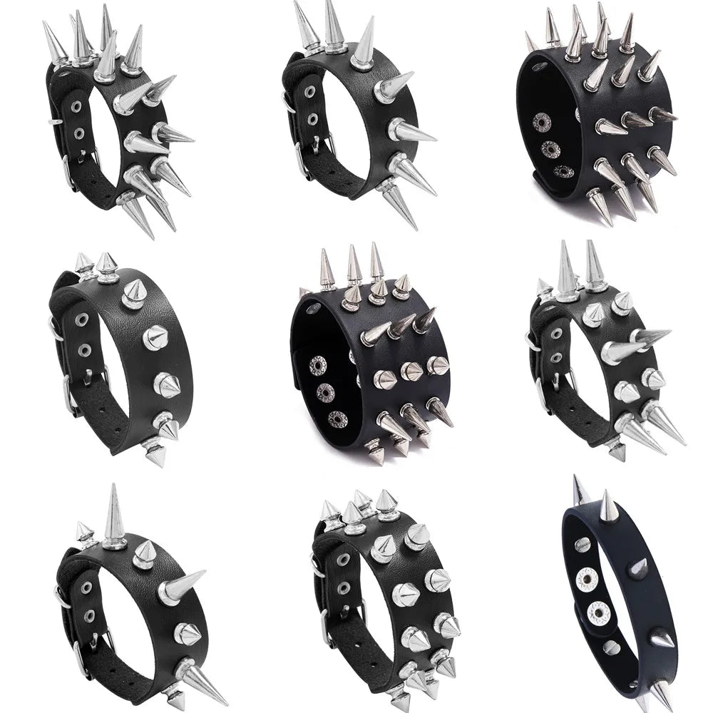 Lianfudai Personality Hip Hop Men Spiked Rock Bracelet Bangle Women Vintage Punk Cosplay Black PU Leather Wrap Bracelet New Jewelry