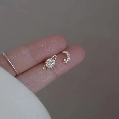 sengpan Simple Piercing Stud Earrings for Women Star Moon Zircon Silver Color Needles Tragus Cartilage Asymmetry Pendiente Fine Jewelry