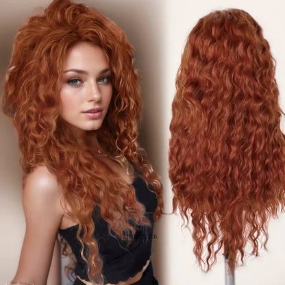 sengpan Synthetic Long Wave Cur Wigs Female Natural Brown Wig with Clip Free Part Side Bangs 80s Curly Wigs for Women Ombre Wig