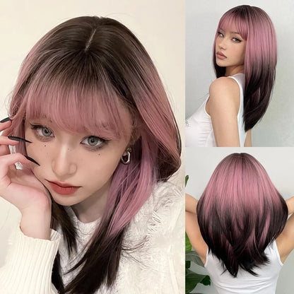 sengpan Ombre Synthetic Straight Cosplay Women Hair Platinum Blonde to Black Hair Long Layered Natural Wigs with Bangs for White Women