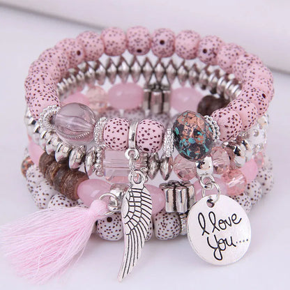 sengpan  Bohemian Multicolor Pink Crystal Beads Bracelets Women Girls Elastic Tassel Wing Letters Rope Bracelet Pulseira Feminina