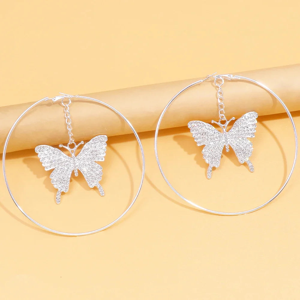 sengpan Stonefans 9CM Large Butterfly Hoop Earrings With Crystals for Women Free Shipping Elegant Piercing One Piece Rhinestone Jewelry