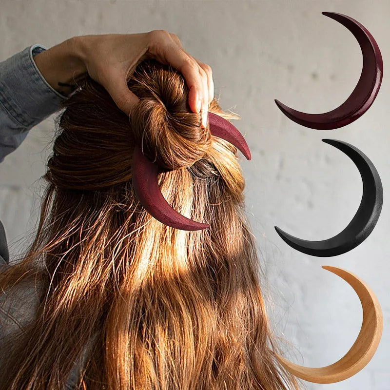 sengpan Simple Wood Moon Hair Sticks Hand Carved Wooden Crescent Hair Forks for Women Long Hairpin Comb Styling Fashion Hair Accessories