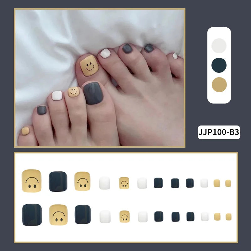 sengpan Flow Chocolate Design Artificial Toenails Glossy Fashion Toe Fake Nails with Glue Wearable Short Flat Shape Fake Toenails