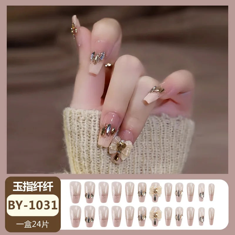 sengpan 24pcs Wearable Pink Press On Fake Nails Tips With Glue false nails design Butterfly Lovely Girl false nails With Wearing Tools