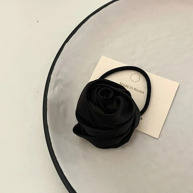 Dospita Black Pink Satin Hair Tie Rope Women Fashion Rose Flower Hair Rubber Bands Scrunchies Fashion Elastic Hair Accessories