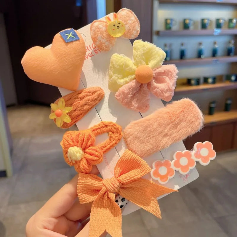 sengpan 8/9pcs/Set Plush Hairpins Cute Colorful Knitting Flowers Plaid Fruits Barrettes Hair Clip for Kids Child Hair Accessories Sets