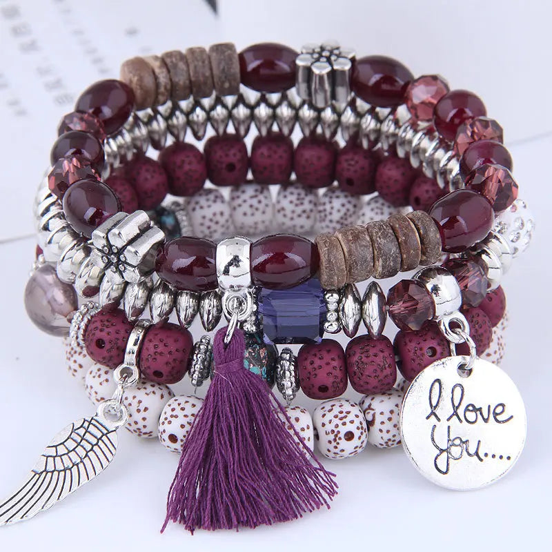 sengpan  Bohemian Multicolor Pink Crystal Beads Bracelets Women Girls Elastic Tassel Wing Letters Rope Bracelet Pulseira Feminina