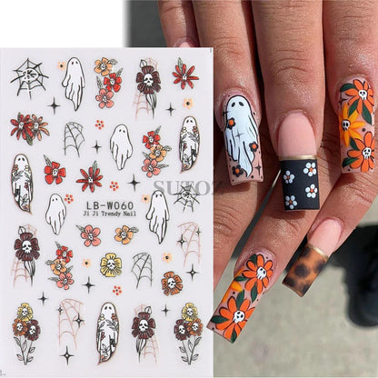 sengpan 5D Embossed Halloween Nail Stickers Skull Chams Spooky Flower Ghost Nail Decals Spider Web Skeleton Sliders for Manicure NTJI-5D