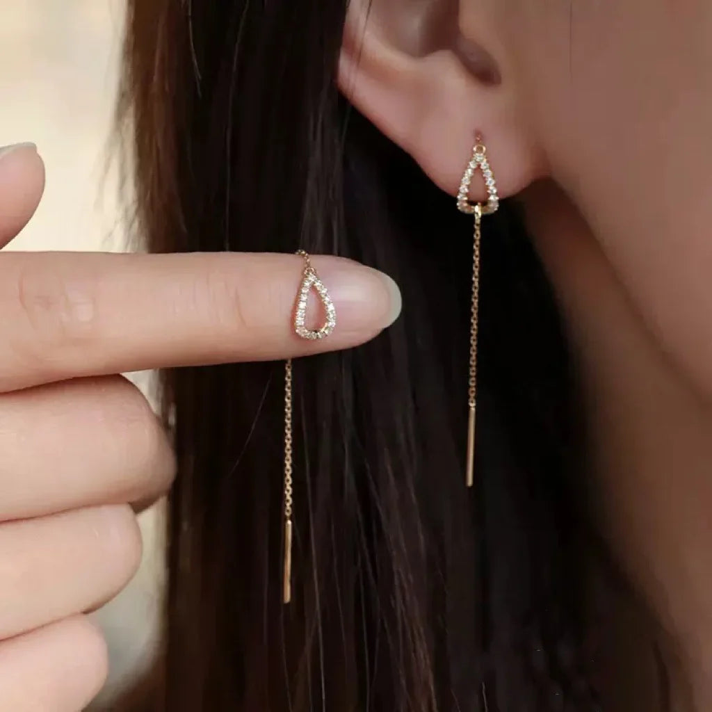 Lianfudai New Luxury Gold Color Long Tassel Earrings Trendy Korean Fashion White Zircon Ear Wire Women Accessories Earring Jewelry Gifts