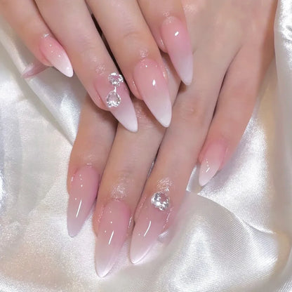 sengpan Simple Stiletto French Fake Nails for Valentine's Day Almond Sweet False Nails with Glue Full Cover Artificial Nails Press On